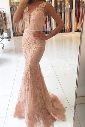 2024 V Neck Prom Dresses Mermaid Lace With Applique And Sash PCKLB2KP