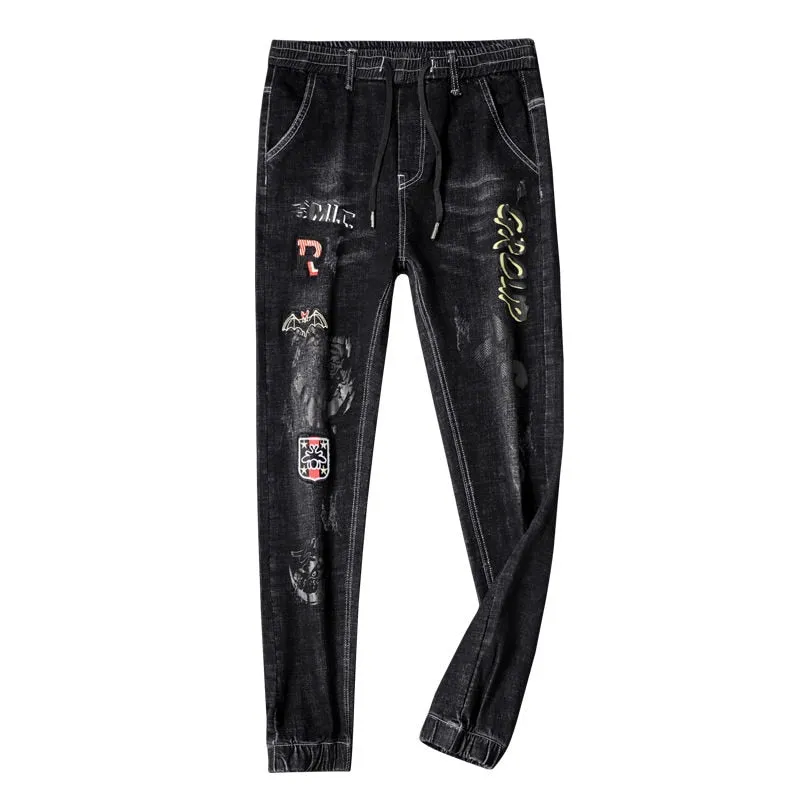 Bats Embroidery and Letter Printing Decorated Jeans