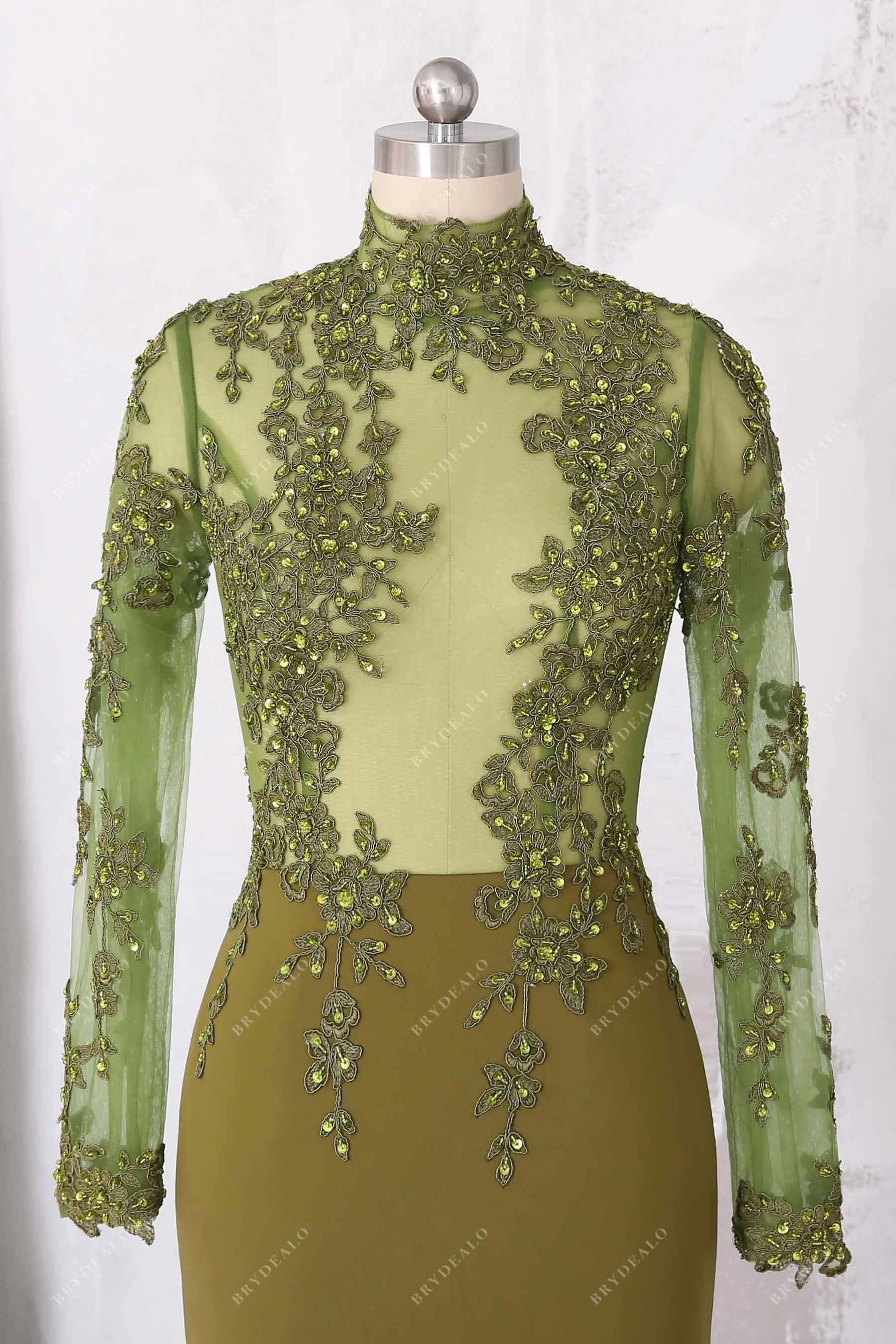 Beaded Illusion Olive Sleeved Mermaid Prom Dress