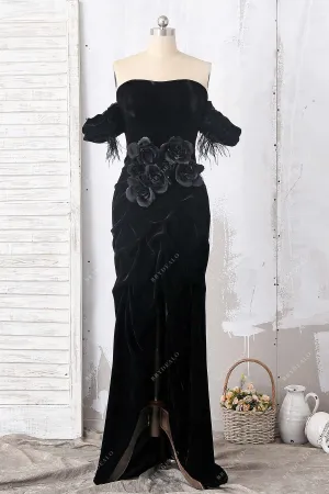 Black Feather Off-the-shoulder Slit Celebrity Prom Dress
