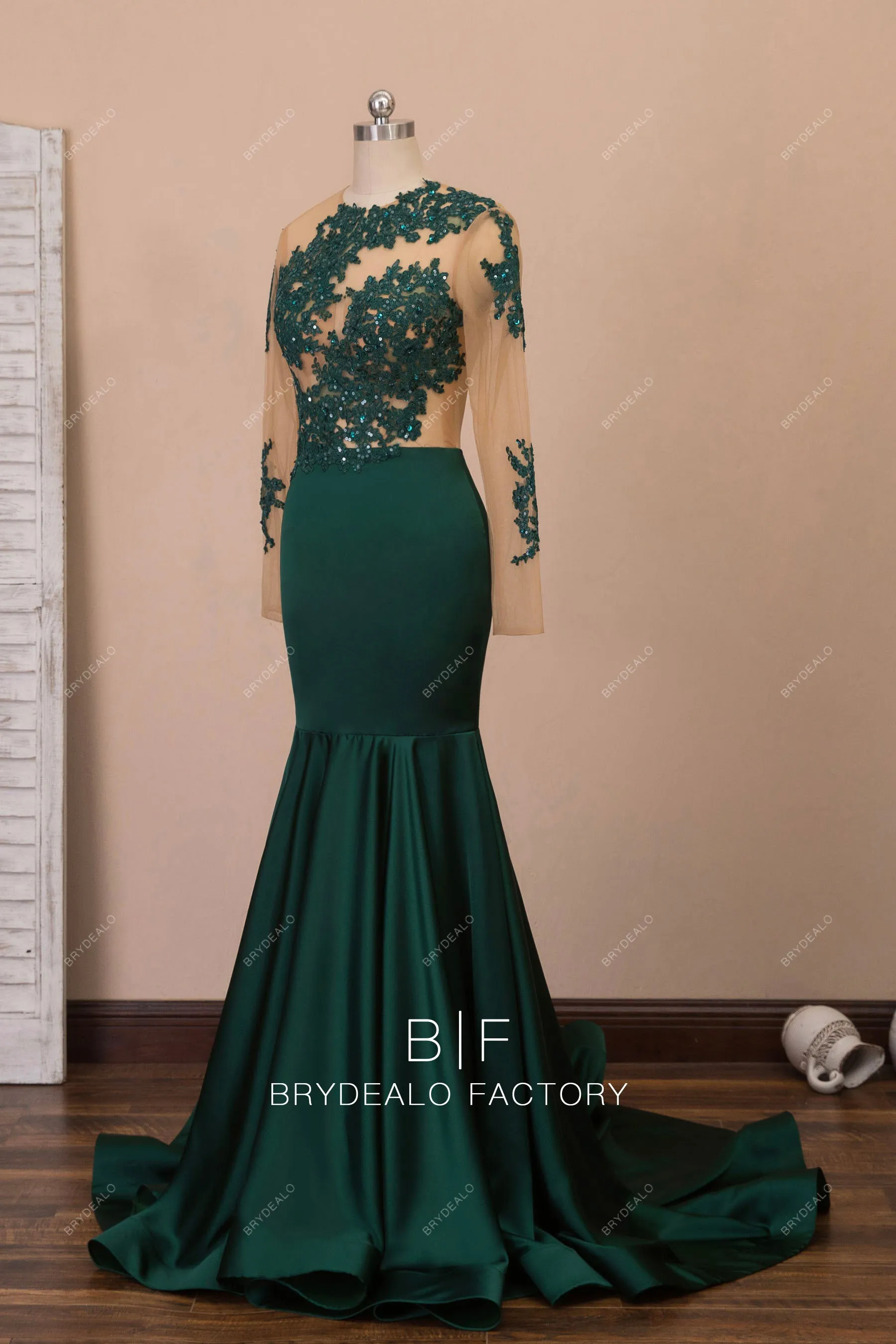 Dark Green Glitter Lace Satin Mermaid Prom Dress