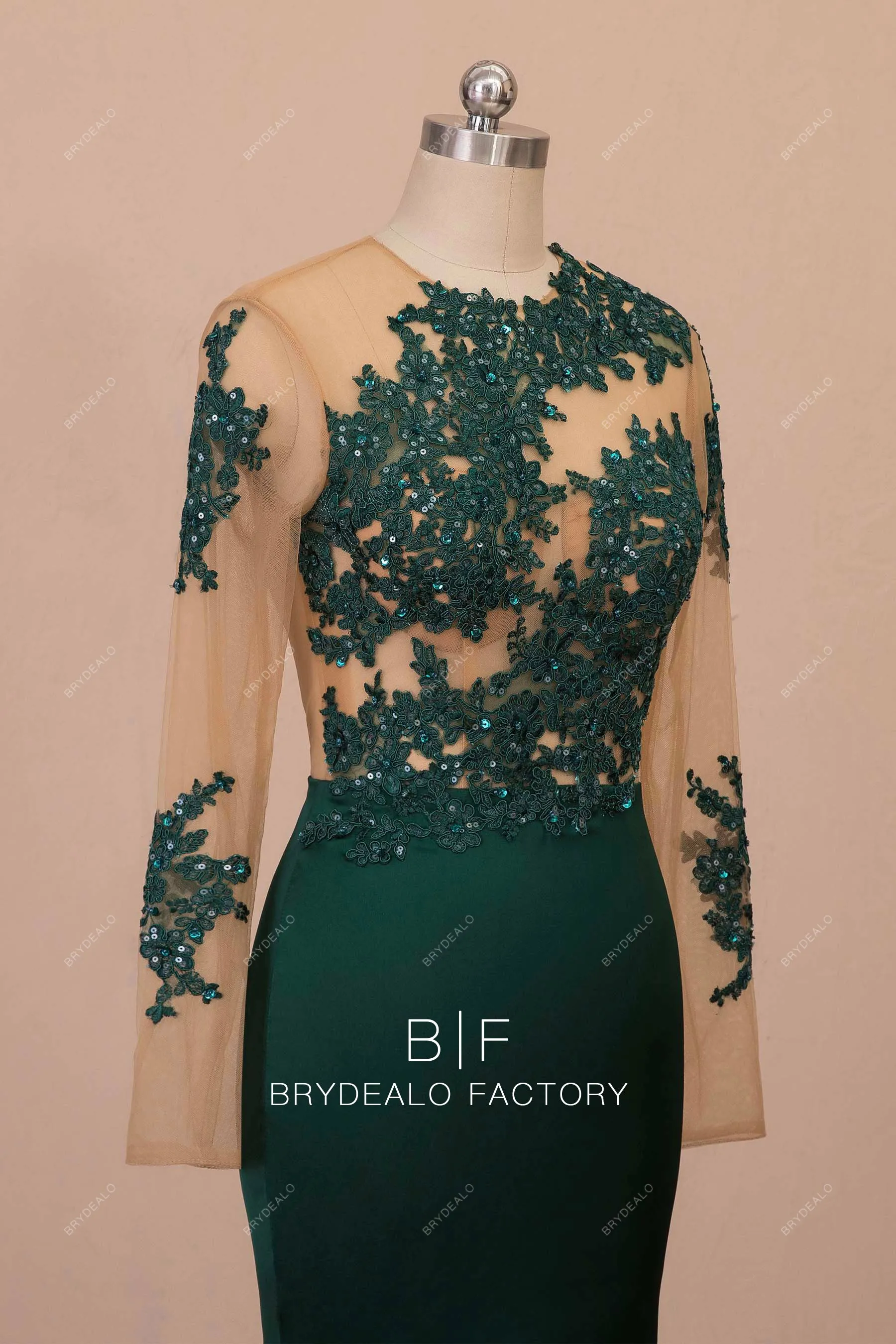 Dark Green Glitter Lace Satin Mermaid Prom Dress