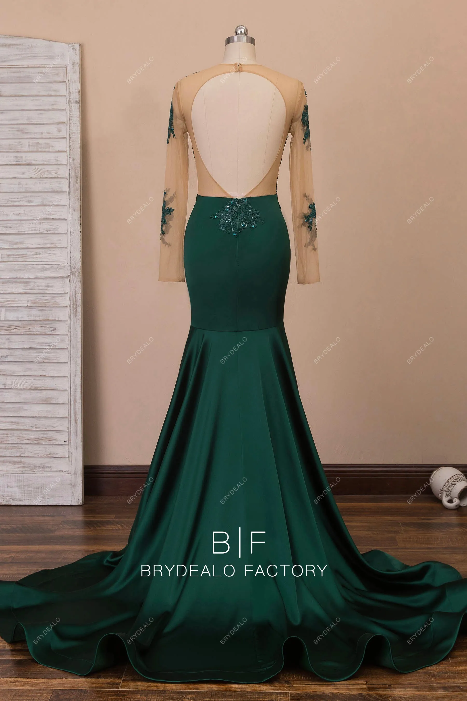 Dark Green Glitter Lace Satin Mermaid Prom Dress