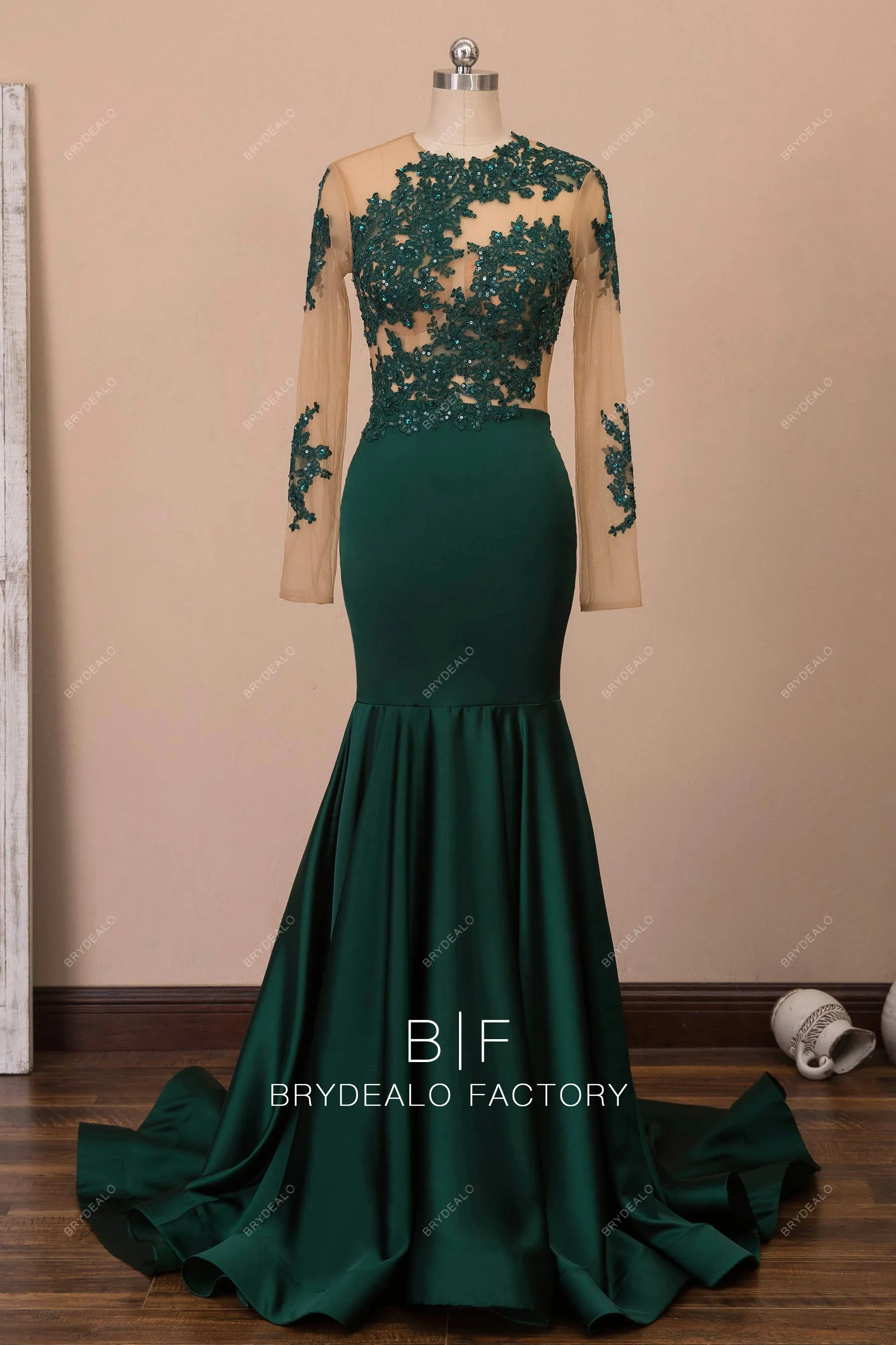 Dark Green Glitter Lace Satin Mermaid Prom Dress