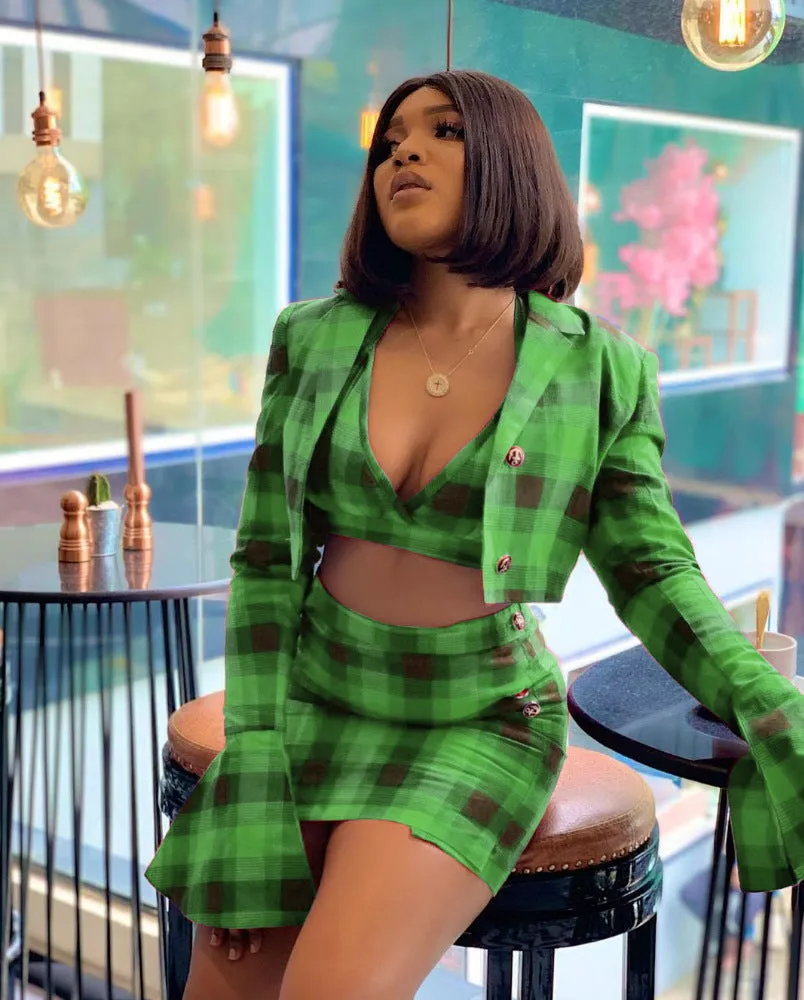 Fashion plaid print trumpet sleeve hip skirt 3-piece set（AY1308）
