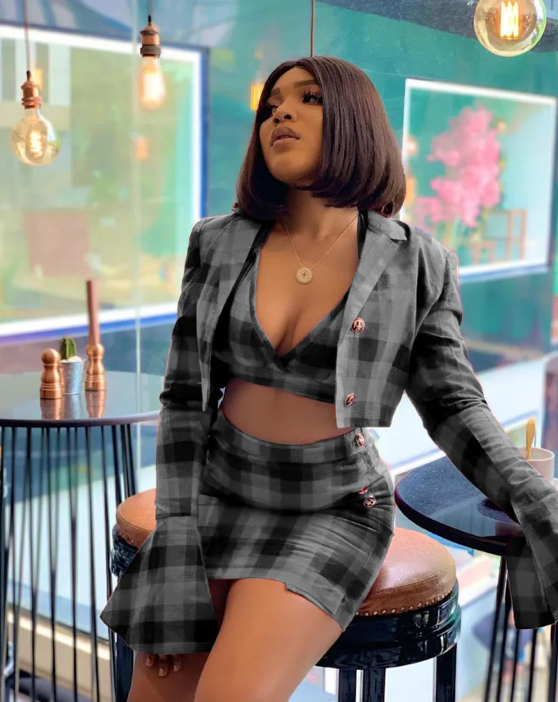 Fashion plaid print trumpet sleeve hip skirt 3-piece set（AY1308）