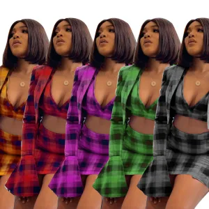 Fashion plaid print trumpet sleeve hip skirt 3-piece set（AY1308）