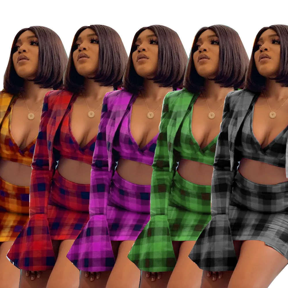 Fashion plaid print trumpet sleeve hip skirt 3-piece set（AY1308）