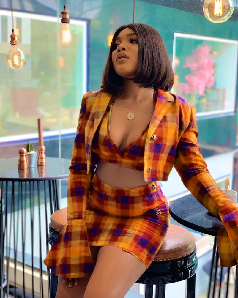 Fashion plaid print trumpet sleeve hip skirt 3-piece set（AY1308）
