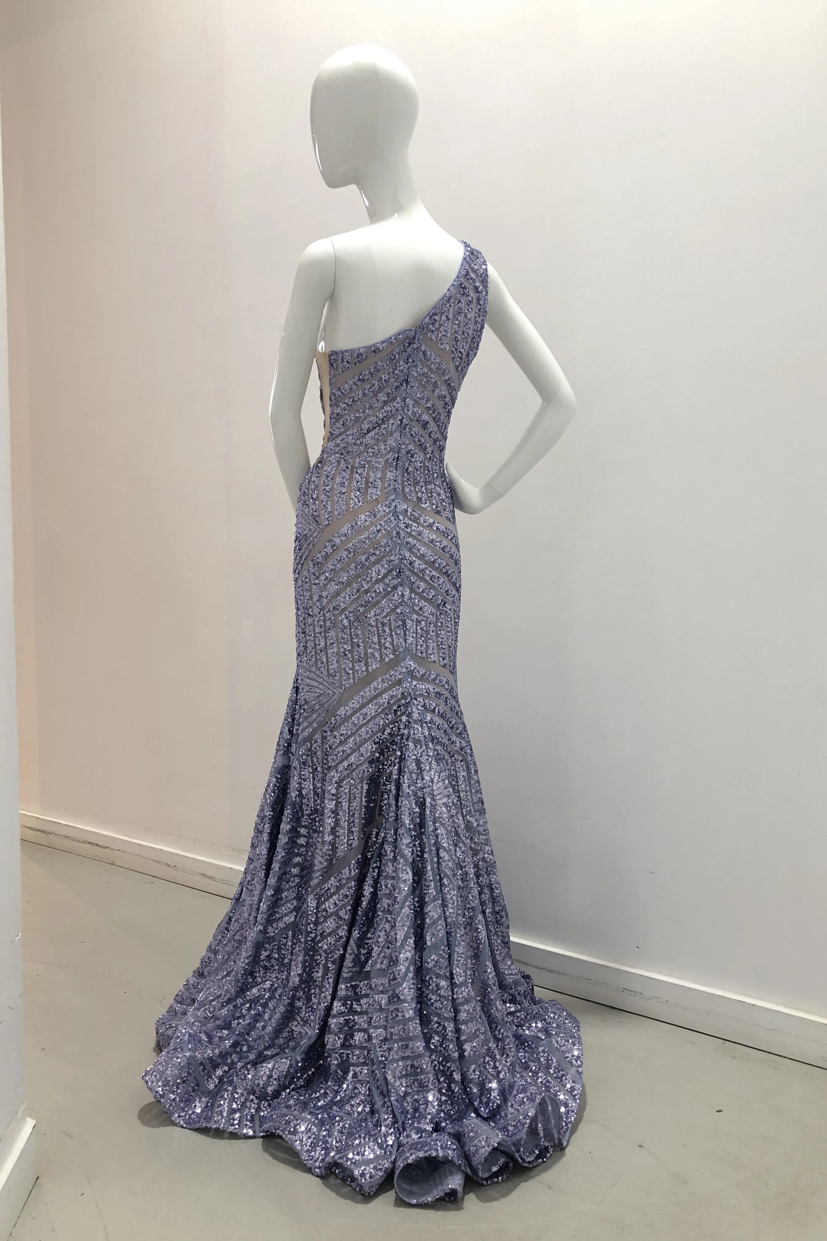 Jovani One Shoulder Chevron Sequin Gown