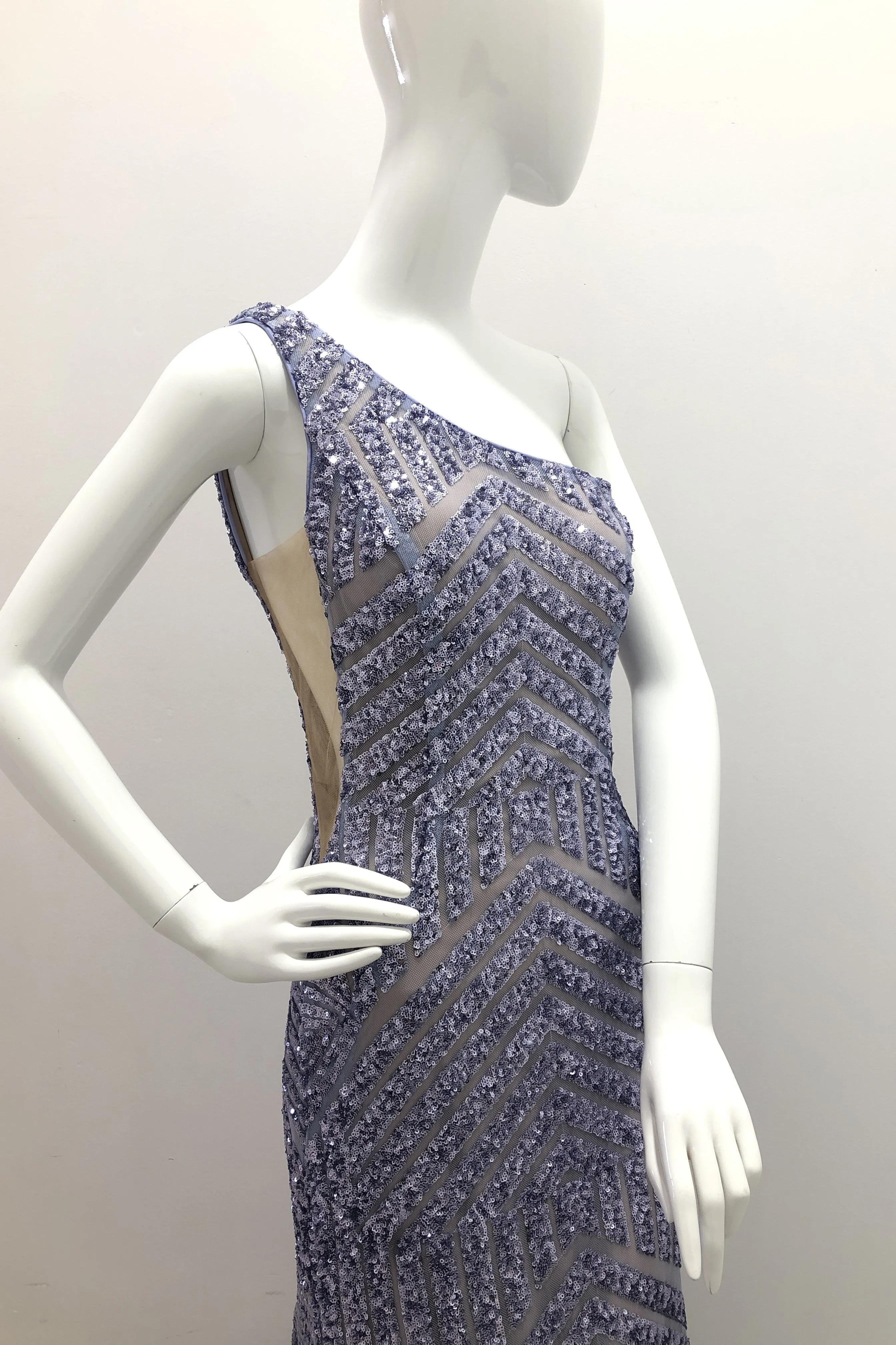 Jovani One Shoulder Chevron Sequin Gown