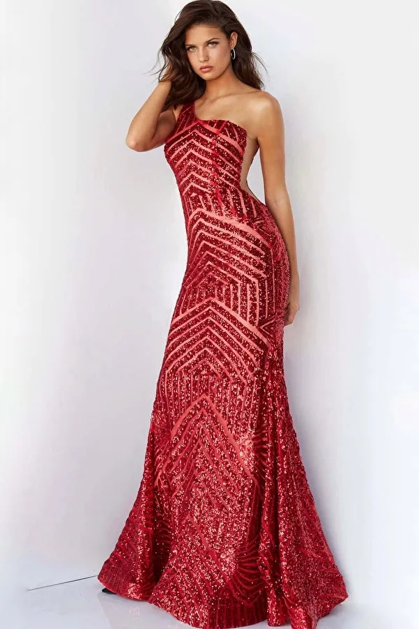 Jovani One Shoulder Chevron Sequin Gown